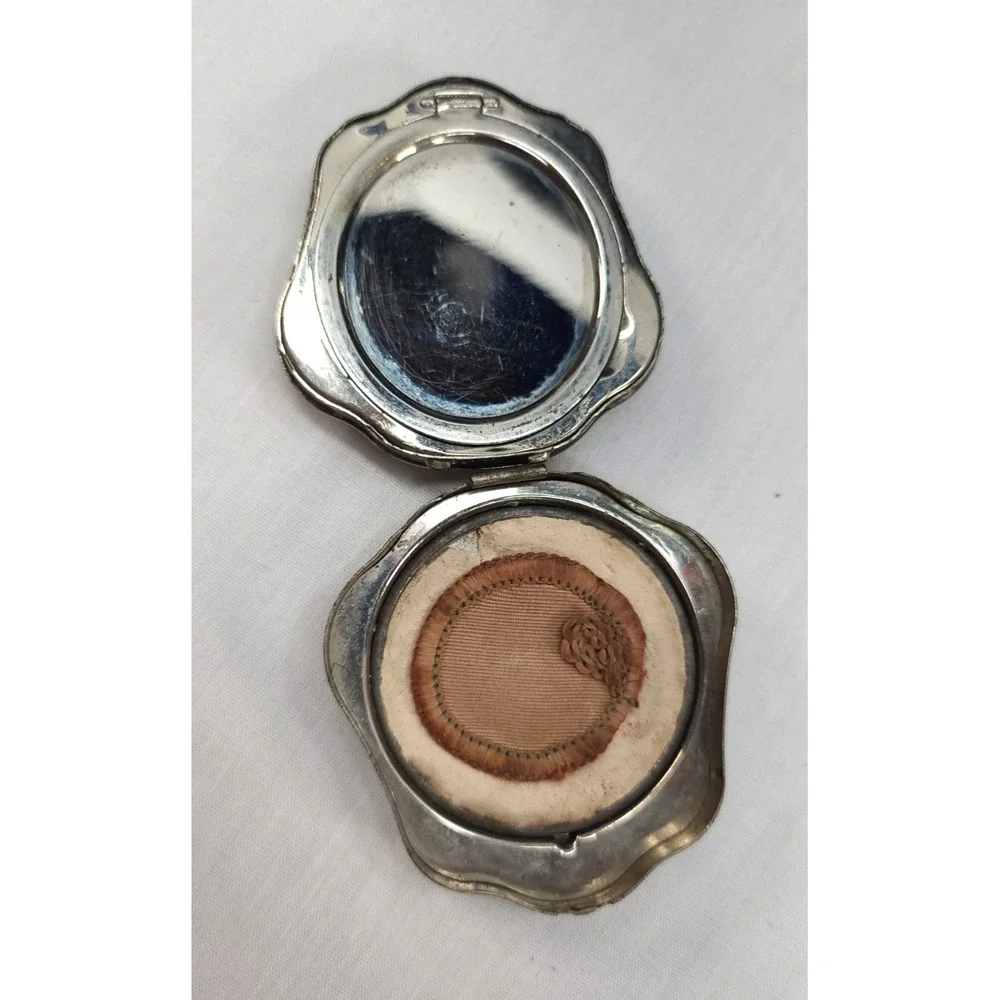 LT Piver Antique Powder Compact w Mirror 2 intact powders and Powder Puff Silver